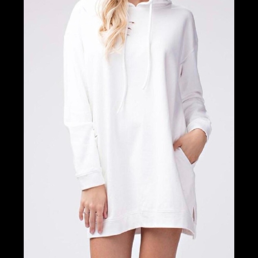Honey Punch Distressed White Hoodie Dress